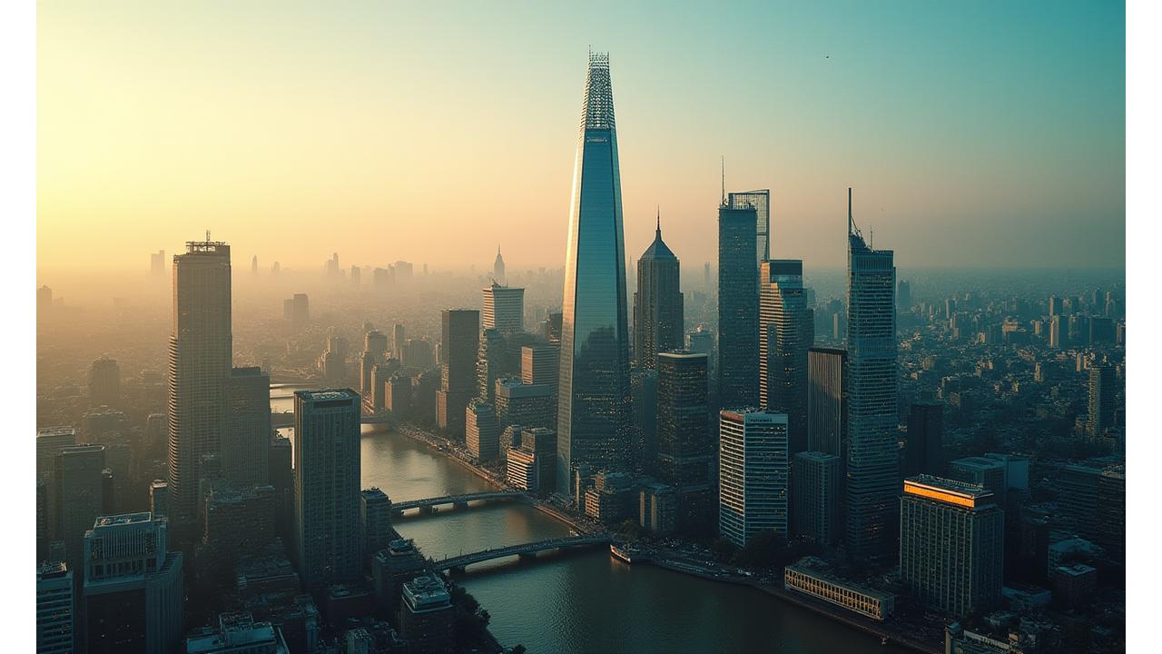 Panoramic view of the London skyline with prominent landmarks and modern office buildings, symbolizing Veridian Bloom's location in a vibrant tech hub.