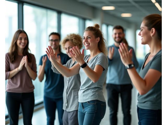 A group of smiling professionals participating in an office wellness challenge, looking active and engaged.