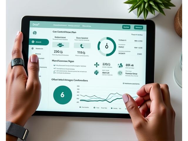 A person reviewing a personalized digital fitness plan on a tablet, with biometric data charts displayed.