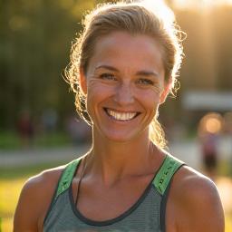 Elara, a client, smiling confidently after achieving her fitness goals.