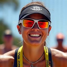 Maya, a triathlete, celebrating with a medal.