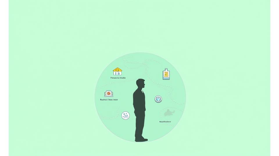 Icons representing various industries: finance, tech, healthcare, manufacturing, and retail, with a central figure showing biometric data.