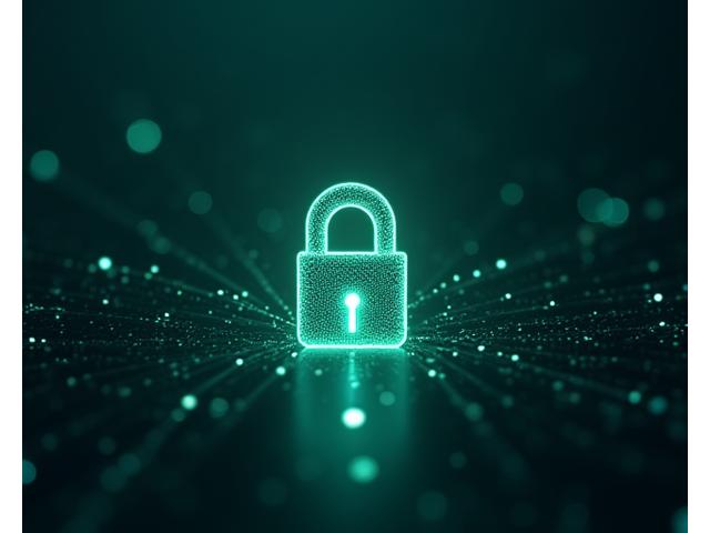 A stylized digital lock icon overlaid on a secure data network, with subtle green and blue glowing lines representing encrypted data flow. The background is dark and abstract, conveying advanced security and privacy. The design is clean and trustworthy.