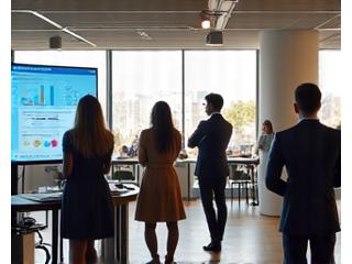 A diverse group of office workers participating in a wellness program, smiling and interacting positively, with subtle digital overlays indicating integrated health metrics on a large screen in the background. The visual should feel inclusive and encouraging of corporate wellness.