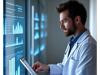 A healthcare professional looking thoughtfully at a digital dashboard displaying connected patient data, suggesting better diagnostic capabilities and informed decisions thanks to integrated health ecosystems.