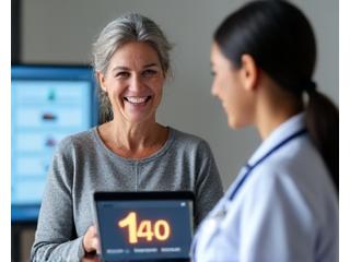 Smiling patient engaging with a tablet displaying integrated health data, while a doctor reviews the information, signifying improved patient care. The scene radiates trust and efficient collaboration.