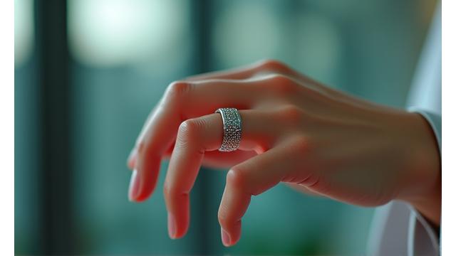 Close-up of a hand wearing a sleek smart ring, with subtle glowing lines indicating data capture. Focus on quiet, unobtrusive technology.