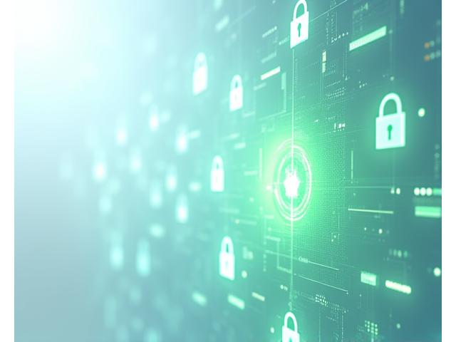 Abstract illustration of data protection and privacy, showing interconnected digital shields and locks with green and blue security motifs.