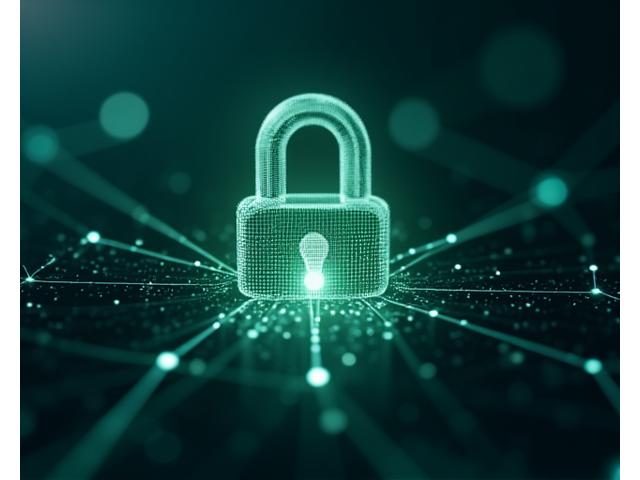Illustration of a padlock symbol composed of network nodes and lines, representing secure data connections and encryption, with a subtle green glow.