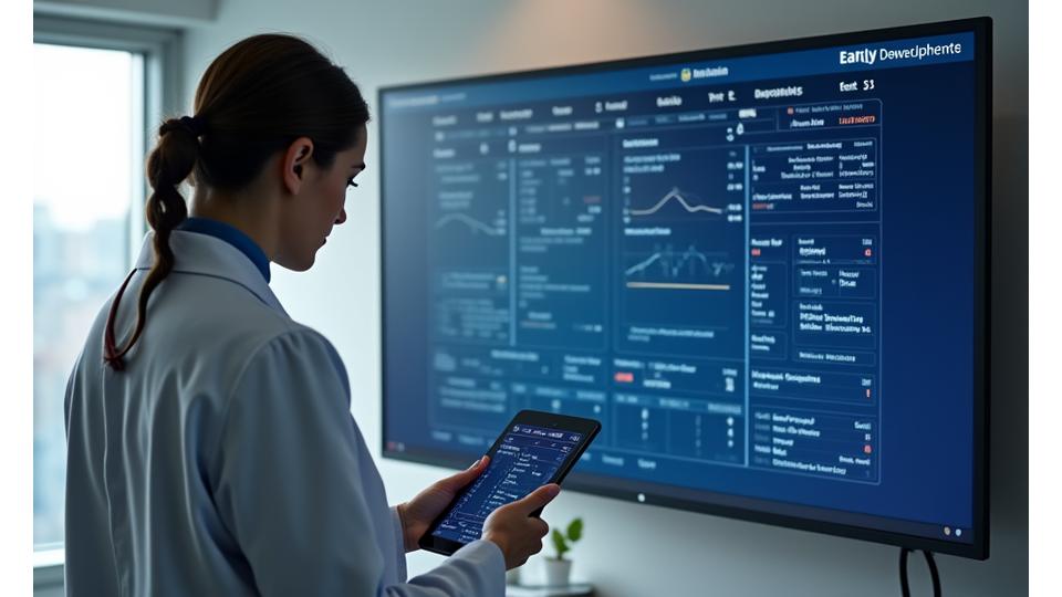 Medical professional reviewing a digital health insights dashboard highlighting sleep statistics and potential risk factors for sleep disorders.