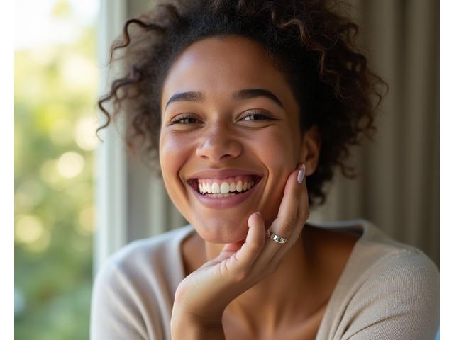 Person smiling while wearing a smart ring, indicating satisfaction with a 30-day trial