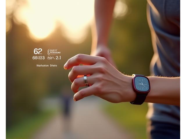 Person running outdoors wearing a smart ring, with an overlay of activity metrics