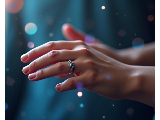 Meditating person with abstract data visualizations flowing around their hand, representing stress management insights