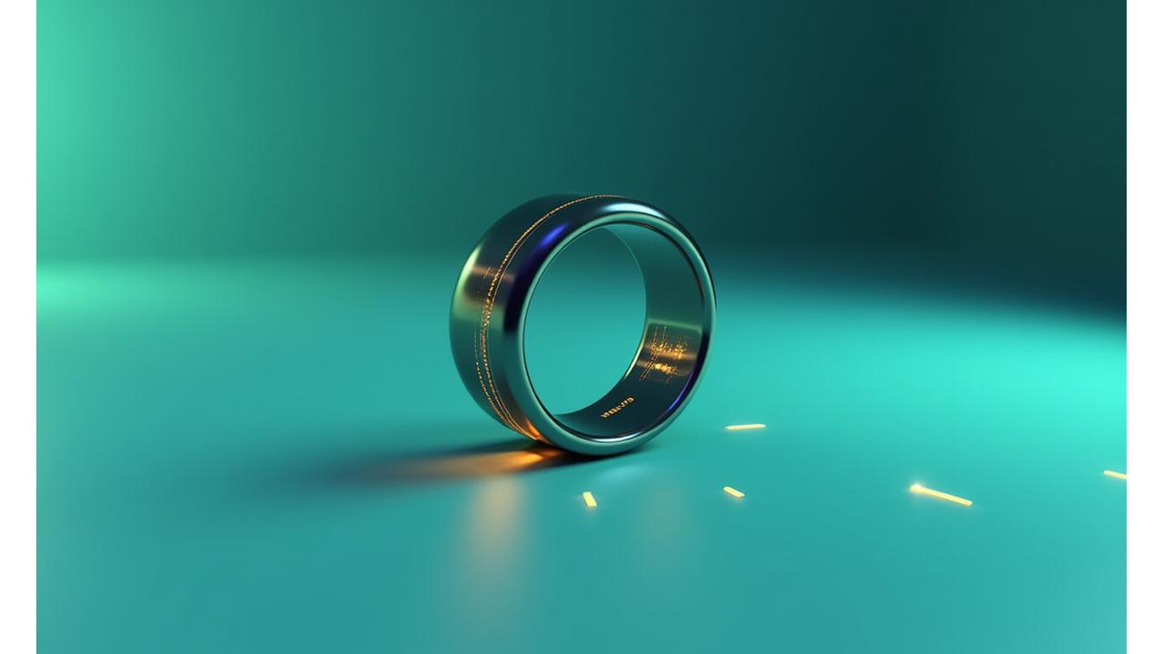Interactive 3D render of Veridian Bloom smart ring with glowing sensor highlights