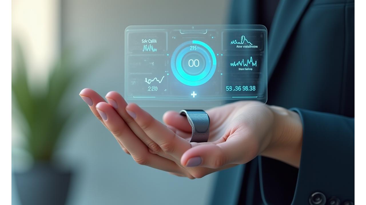 Close-up of a Veridian Bloom smart ring on a hand, paired with an overlay of a holographic stress level dashboard displaying heart rate variability and calm patterns.