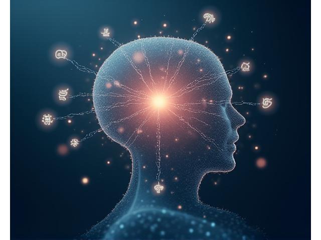 Abstract depiction of digital connections and a human silhouette, symbolizing the seamless integration of biometric data with mental health support services.