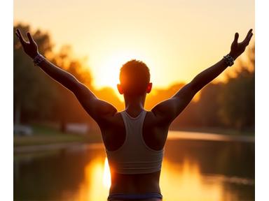 A person stretching gracefully outdoors at dawn, with a Veridian Bloom smart ring subtly visible, conveying movement and freedom.