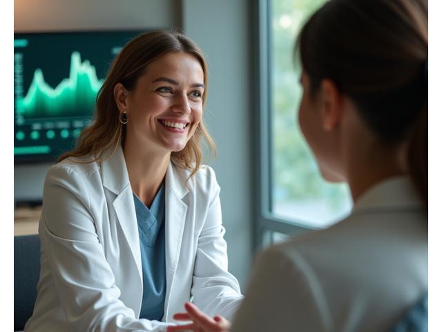 A compassionate and professional female coach actively listening and providing guidance to a serene-looking client during a virtual session, with biometric graphs in the background.