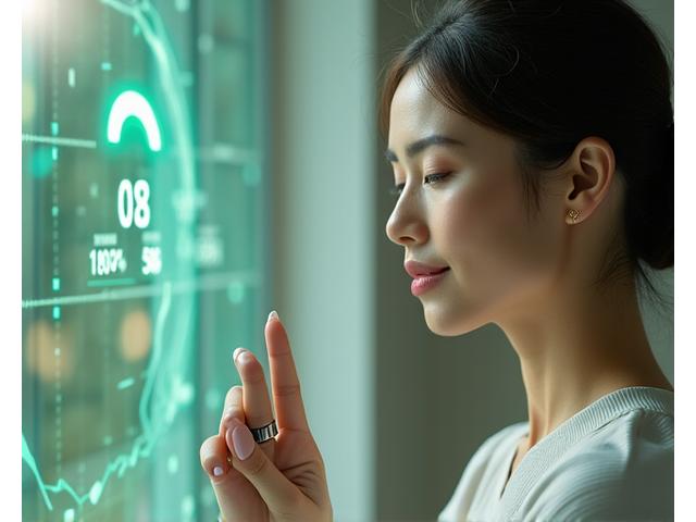 A woman looking thoughtfully at a biometric data display on a tablet, with subtle visual cues of a smart ring and a hormonal cycle visualization in the background, clean and modern aesthetic. hormonal cycle tracking, female wellness, personalized insights.
