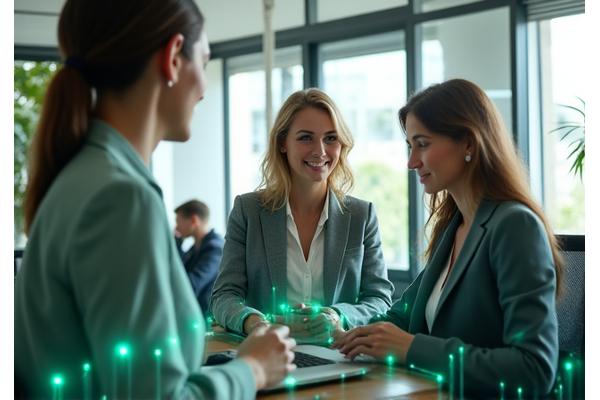 A dynamic image showing professional women thriving in a modern office environment, with subtle biometric data visualizations indicating balance and well-being. female wellness, wellbeing.